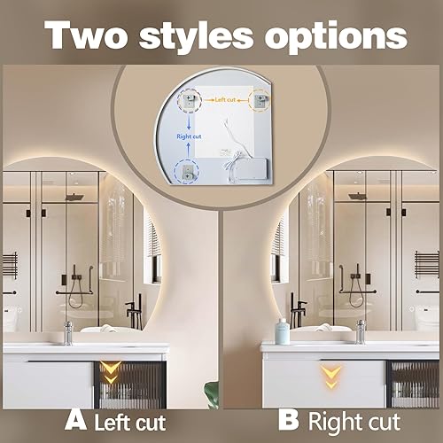 Miniatura 2 de Espejo LED de media luna para baño, espejo de tocador sin marco retroiluminado semicírculo con luces, espejo inteligente antiempañamiento regulable,