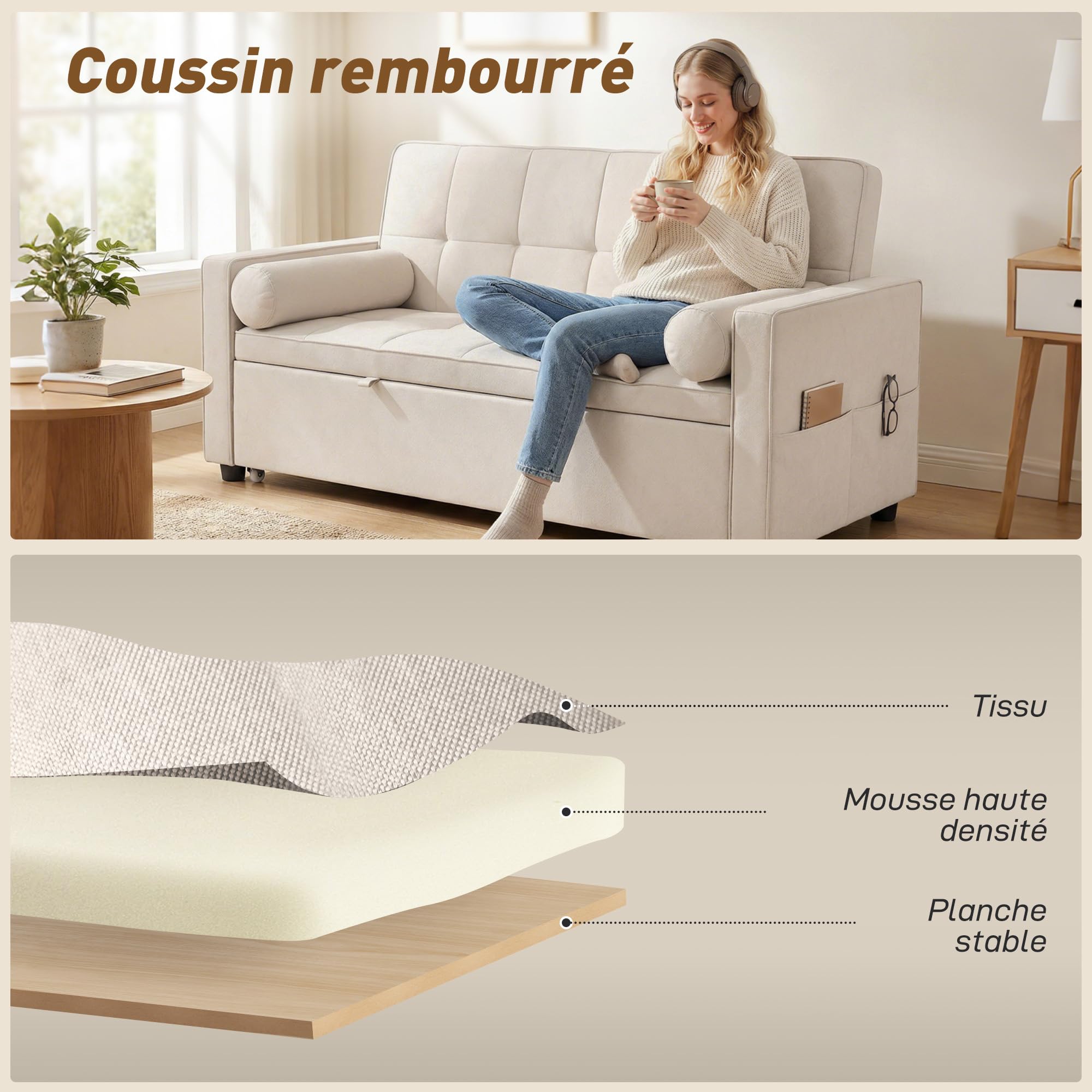 HOMCOM Canapé Convertible 2 Places 3 en 1, canapé-lit capitonné, lit gigogne Double, Dossier réglable, 2 Coussins et Poches d'accoudoirs, Tissu Aspect Lin, pour Chambre, Beige