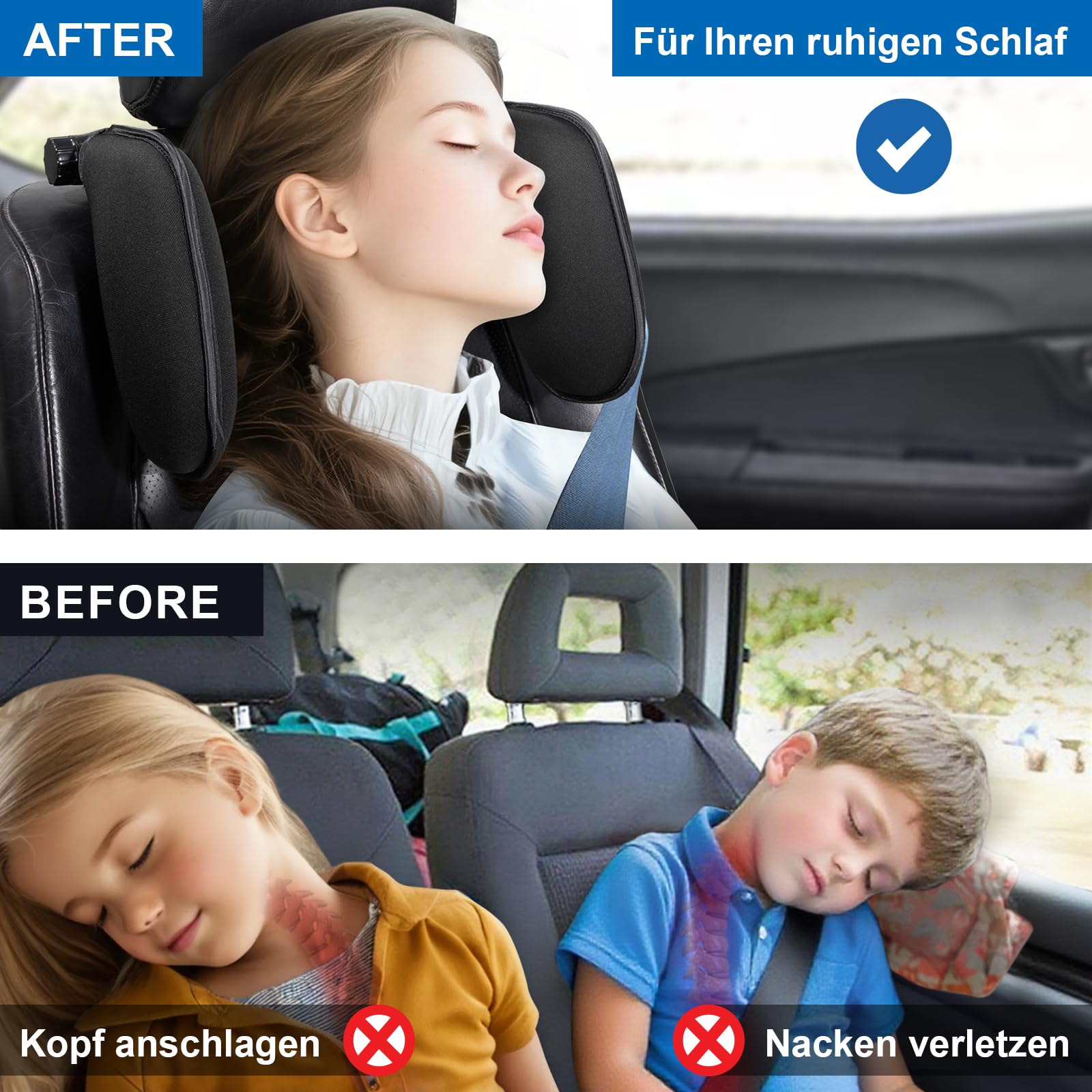 Spurtar Kopfstütze Auto Kinder Nackenkissen Auto Höhe einstellbar, 360 °Rotation, Weichem Gedächtnisschaum, für Kinder und Erwachsene, Nackenstütze Auto zum Schlafen - Schwarz