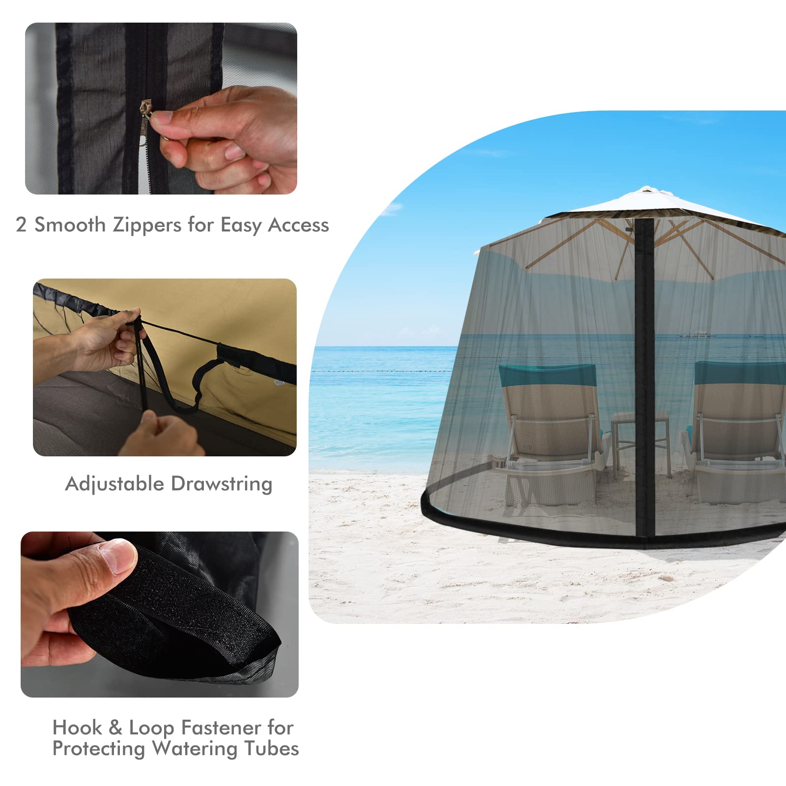 LIFEZEAL Zanzariera Ombrellone da Giardino, Zanzariera Gazebo da Patio, Regolabile, Schermo Rete per Esterno Anti Zanzara, Mosche, AntiVento, 2 Aperture a Cerniera, Stabile Base,12,5x2,3m, Nero