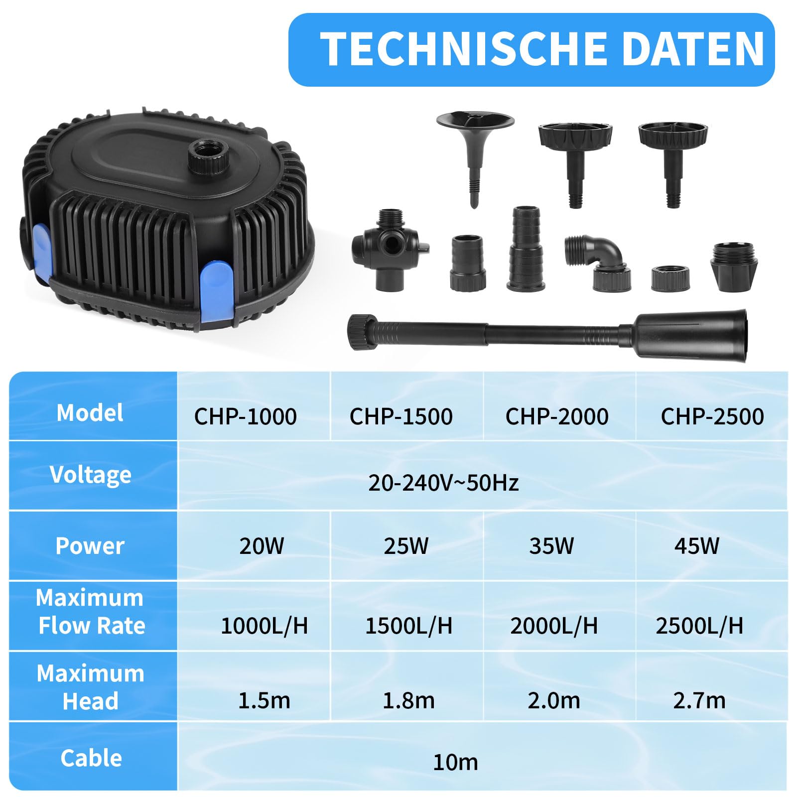 DBREAKS Pompe pour Fontaine Extérieure Jardin 2000L/H 2 M, Pompe de bassin 35W avec Câble 10 M, Pompe à Filtre Submersible, Pompe à eau pour Koï, Étang, Ruisseau, Débit Réglable