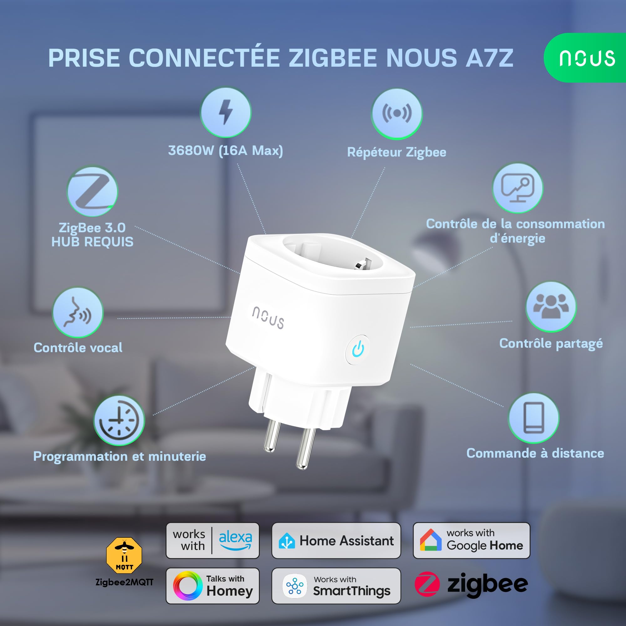 A7Z ZigBee Inteligentne Gniazdko z Monitorowaniem Energii, 16A, Sterowanie za Pomocą Aplikacji i Głosu, Timer, Kompatybilne z Alexa,Google Home,Home Assistant,Tuya, Wymagany Hub ZigBee, 4Pack
