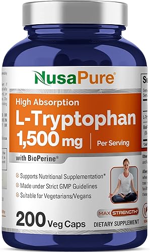 NusaPure L-triptófano 1500mg 200 cápsulas vegetarianas (sin OMG, vegano) Bioperine