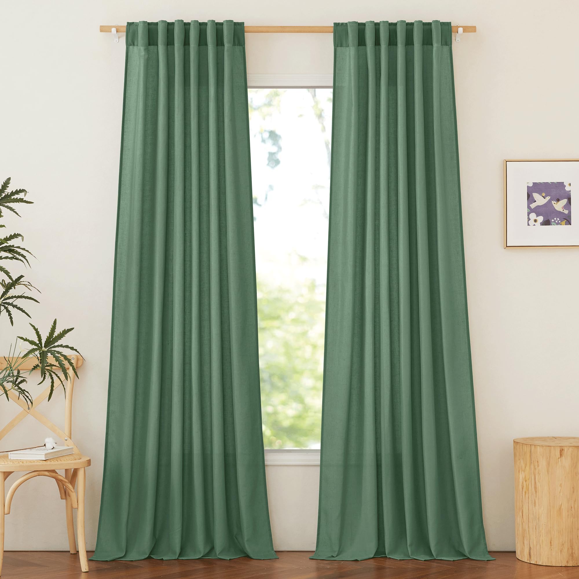 NICETOWN NICETOWN Olive Green Linen Curtains for Living Room, Rod Pocket & Back Tab Linen Blend Privacy Added Light Filtering Not See Through Window Treatments for Bedroom, W55 x L95, 2 Panels