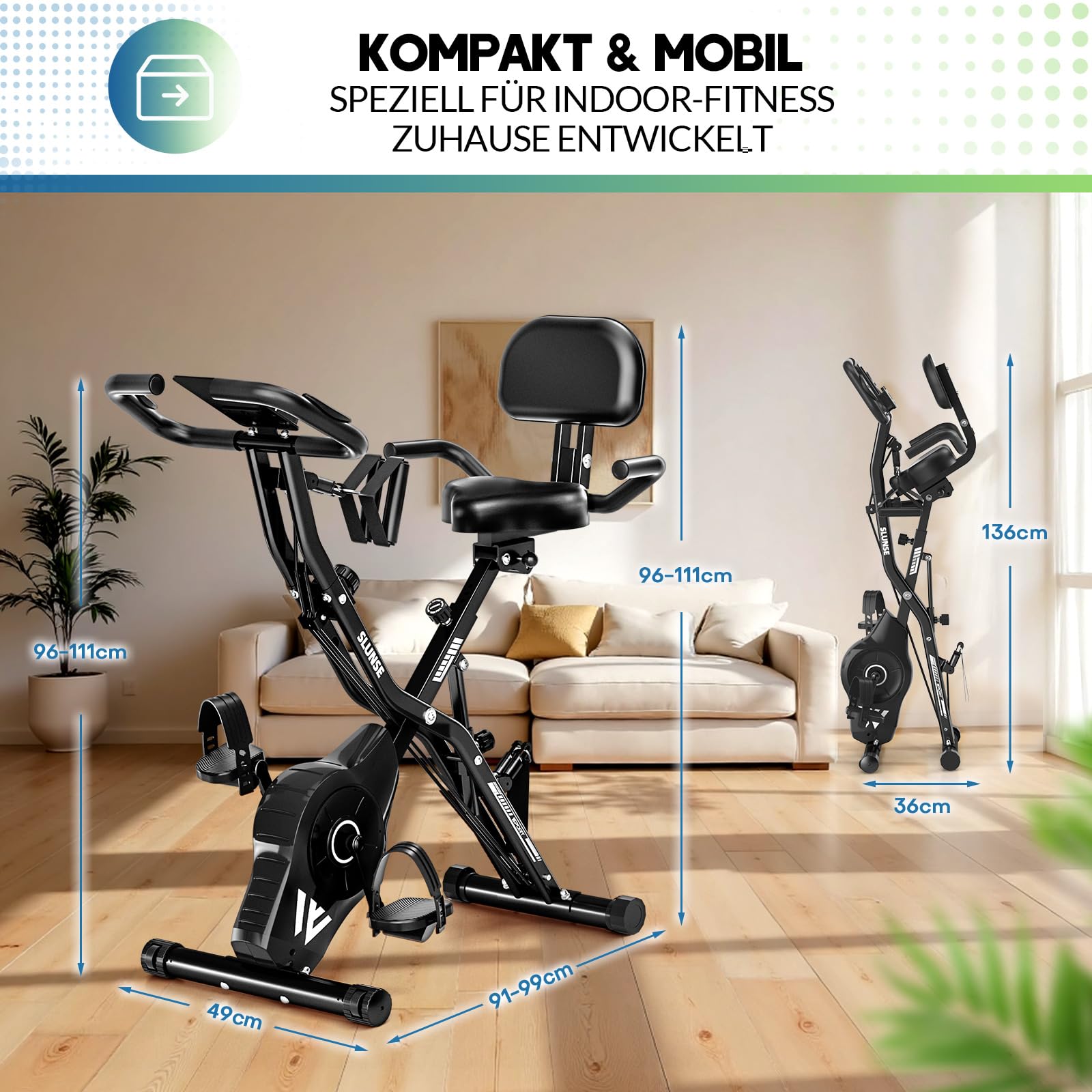Heimtrainer Fahrrad Klappbar, SLUNSE FITNESS Neu Hometrainer Fahrrad mit 16-stufiger Magnetwiderstand, Ergometer Heimtrainer mit 10dB extra Leise, Indoor Bike für Kardio-Training zu Hause, Bis 160KG