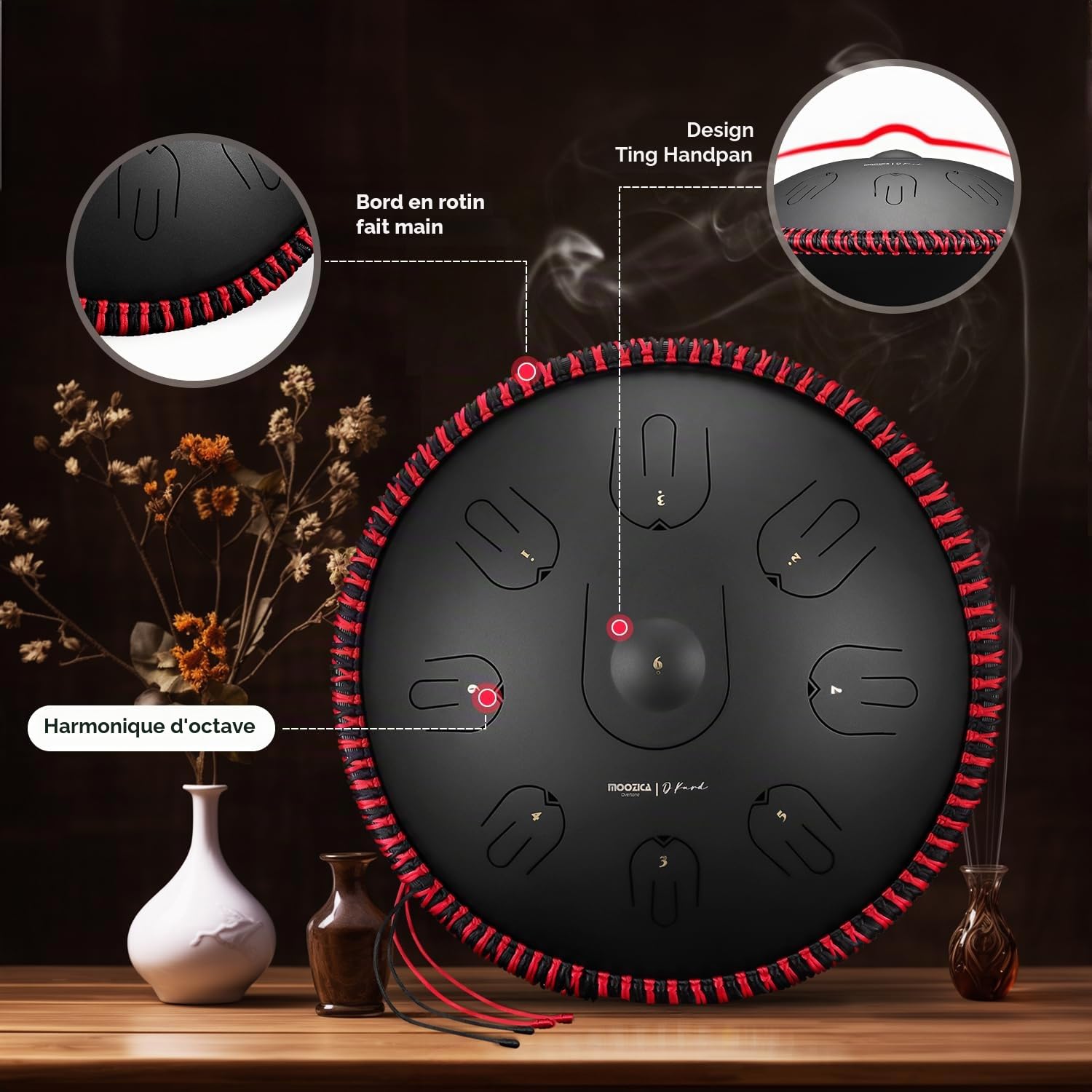 MOOZICA Tongue Drum Handpan, Tambour à Langue 14 pouces 17 notes en D Minor avec Octave Overtone Design, Instrument de percussion Handpan Drum avec sac de transport (D Kurd, Noir)