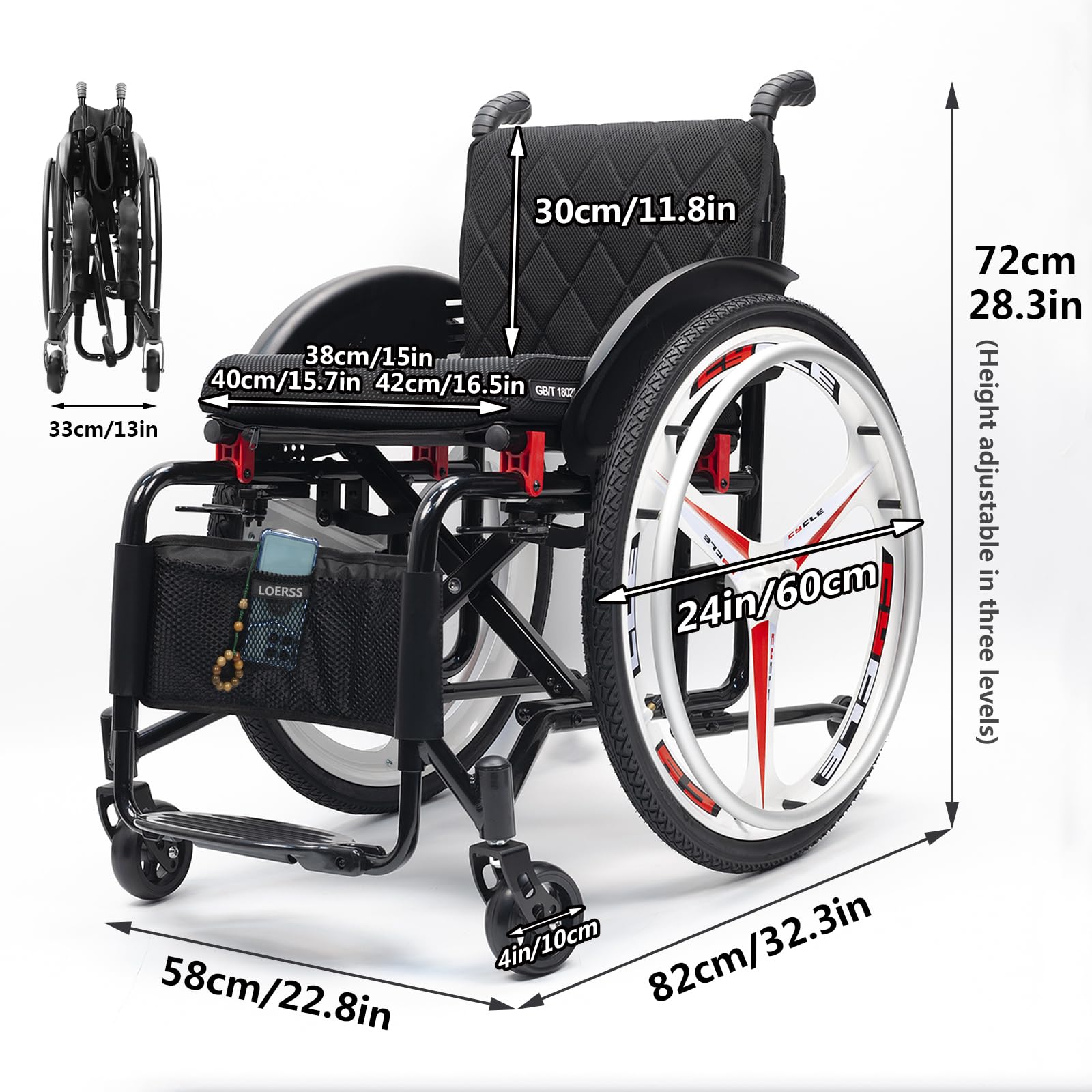 Ultra Leichtes Sport -rollstuhl Für Erwachsene, Faltbare Outdoor- Und Indoor -schaltradstuhl, Tragbarer Aluminiumlegiertransport -rollstuhl Mit Handbremse, Tragfähigkeit Von 220 Lb/100 Kg(40cm/15.7in,