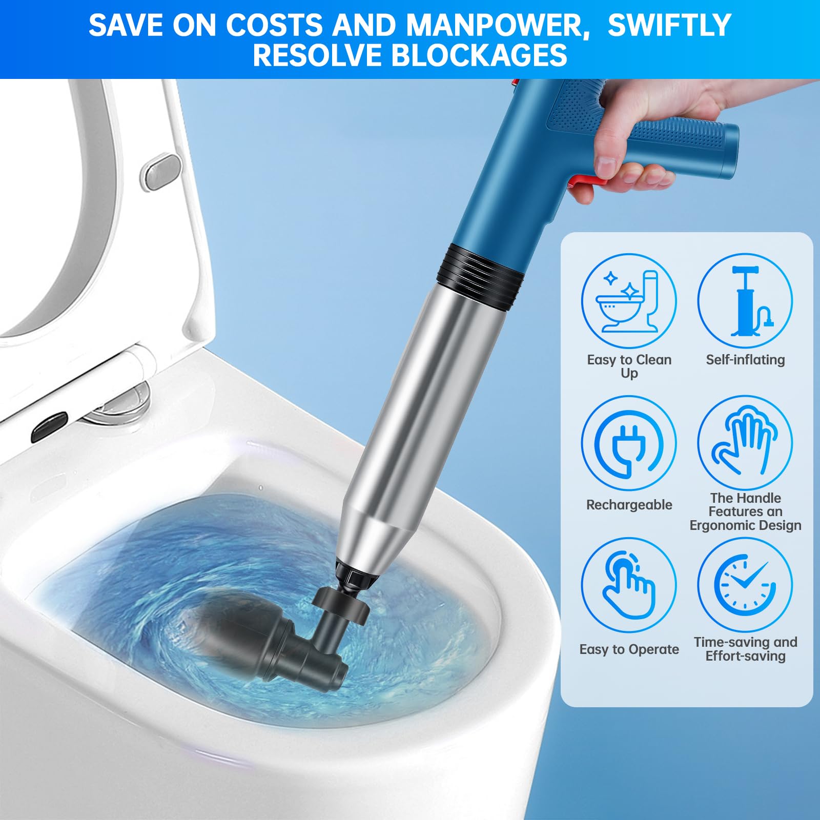 Rohrreiniger Druckluft, 4 in 1 Pömpel Toilette, Abflussreiniger Pumpe, Pressluft Rohrreiniger mit Luftdruckanzeige, für Waschbecken, Bodenablauf, Badezimmer, Toiletten, Dusche
