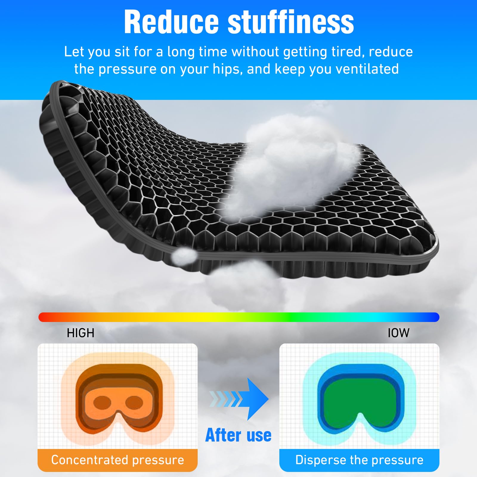Vmingo Cuscino Gel Per Sedia,Cuscino antidecubito-Cuscino gel Elastico per Il Sostegno del Sedile,Fresco e Traspirante, Cuscino per Sedia Ufficio per Ridurre la Pressione Su Fianchi (Nero)