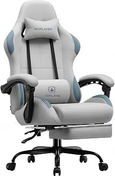 GTPLAYER Gaming Chair Fabric with Pocket Spring Cushion,Computer Office Chair with Lumbar Support for Adults Linkage Armrests and Footrest Ergonomic Gamings Chairs Height Adjustable Silver Grey