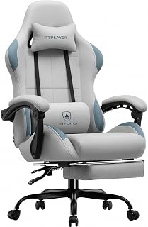 GTPLAYER Gaming Chair Fabric with Pocket Spring Cushion,Computer Office Chair with Lumbar Support for Adults Linkage Armrests and Footrest Ergonomic Gamings Chairs Height Adjustable Gray