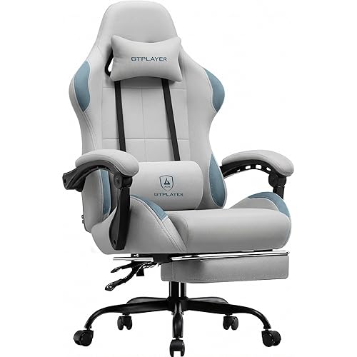 GTPLAYER Gaming Chair Fabric with Pocket Spring Cushion,Computer Office Chair with Lumbar Support for Adults Linkage Armrests and Footrest Ergonomic Gamings Chairs Height Adjustable Gray