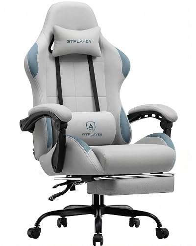 GTPLAYER Gaming Chair Fabric with Pocket Spring Cushion,Computer Office Chair with Lumbar Support for Adults Linkage Armrests and Footrest Ergonomic Gamings Chairs Height Adjustable Gray - Grey