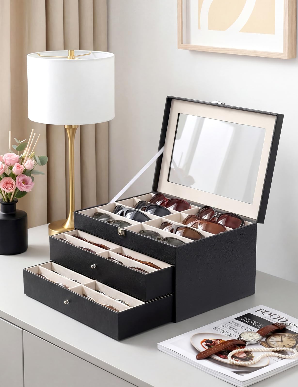 Sonnenbrillen-Aufbewahrungsbox mit 32 verstellbaren Schlitzen, 3-lagig, Multi-Brillenbox mit Deckel für Damen