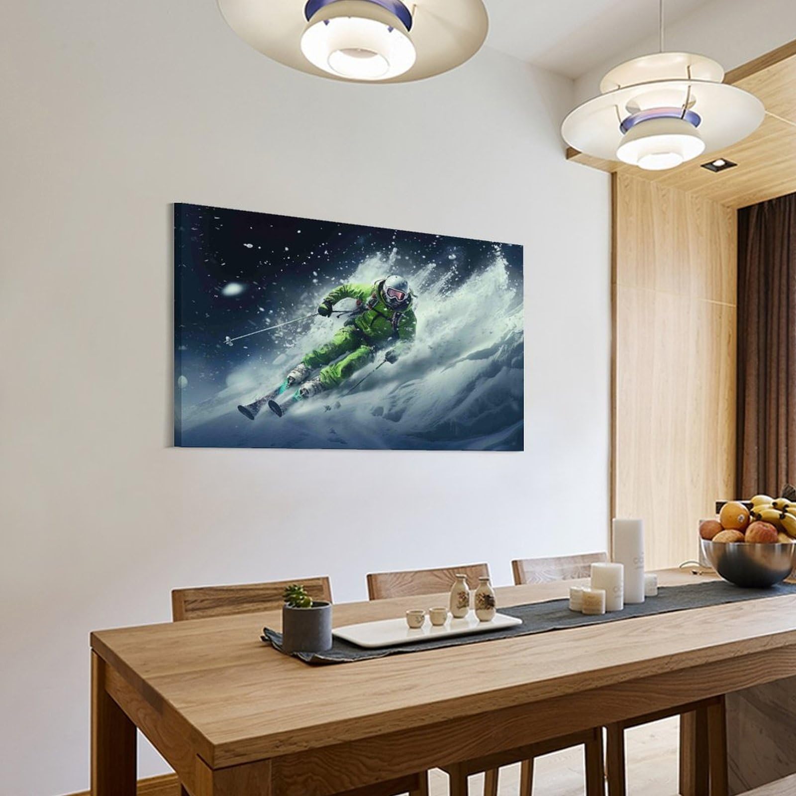 Sci Aventurista Azione Pezzo Singolo Green Gear Skier Rushing nevey Mountain Slope Arte Su Tela Per La Sala Da Pranzo Pronto Da Appendere Punto Focale Decorazione Per Interni Elegante 20x30inch(50x7