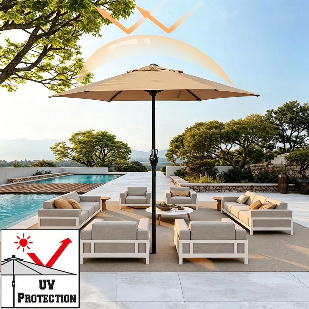 Okrągły Parasol Przeciwsłoneczny 200 cm, Parasol Stołowy do Użytku na Zewnątrz z Korbą i 6 Solidnymi Żebrami do Ogrodu, Podwórka, Tarasu(Rouge)