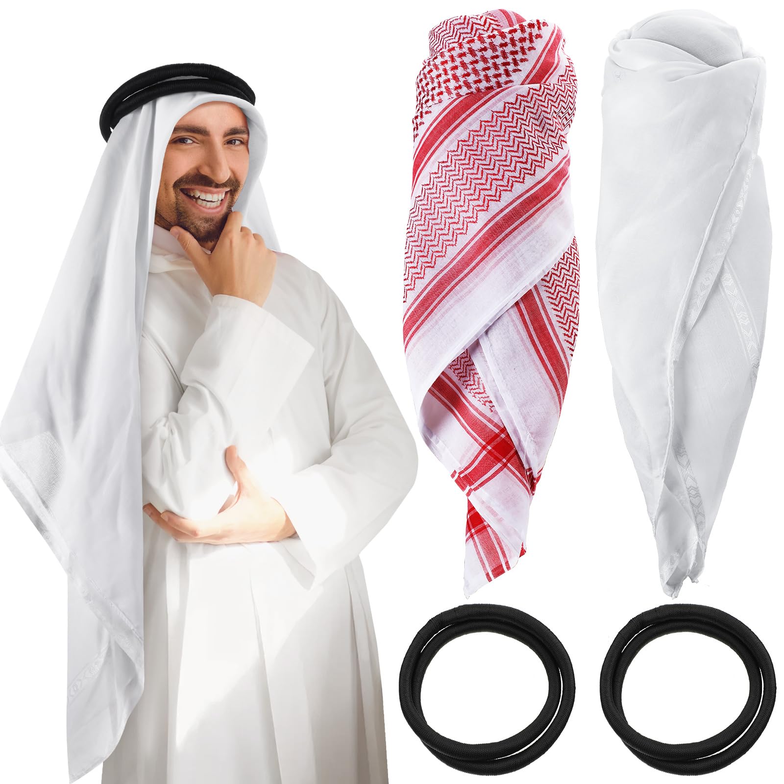 2 Pcs Arab Shemagh Muslim Keffiyeh Head Scarf for Men with Lgal Aqel Rope Arab Costume Halloween Costume Accessories