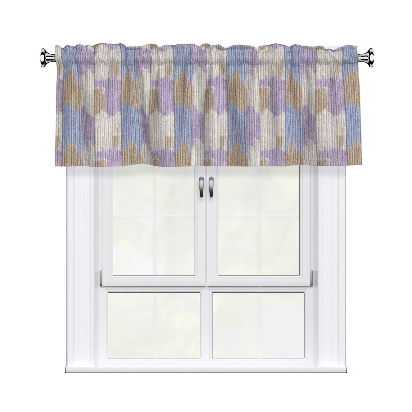 Woshuwo Boho Camo Knit Pastel Lavender Blue Beige Valances For Windows Rod Pocket Window Treatment Short Curtains For Kitchen Living Room Bedroom Decor 54x18in