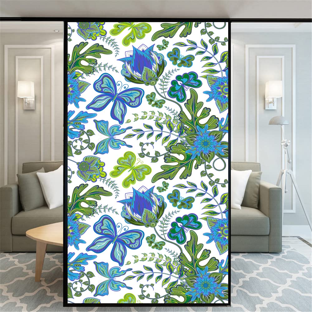 Folia szklana Prywatność folia okienna roślina FlowerPattern szkło dekoracyjne obejmujące bez kleju statyczne przyleganie matowe naklejki na okna do wystroju domu(90x160cm)
