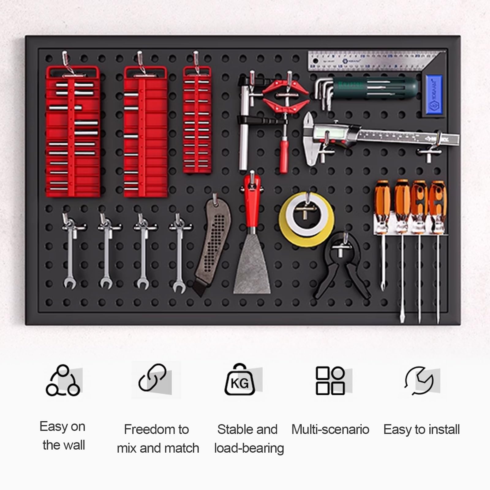 Tablica ścienna z narzędziami, czarna metalowa tablica wisząca na biurko biurkowe, pegboard i akcesoria, stojak do przechowywania na ścianie, odpowiedni do domu, biura, akademika, biurka do gier (100