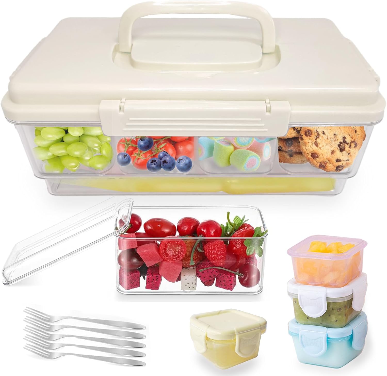 Chilled Portable Snackle Box Container with Lid & Handle,With 4 Pack Reusable Salad Dressing Container 2oz Travel Meal Prep for Charcuterie Snack Road Trip Picnic