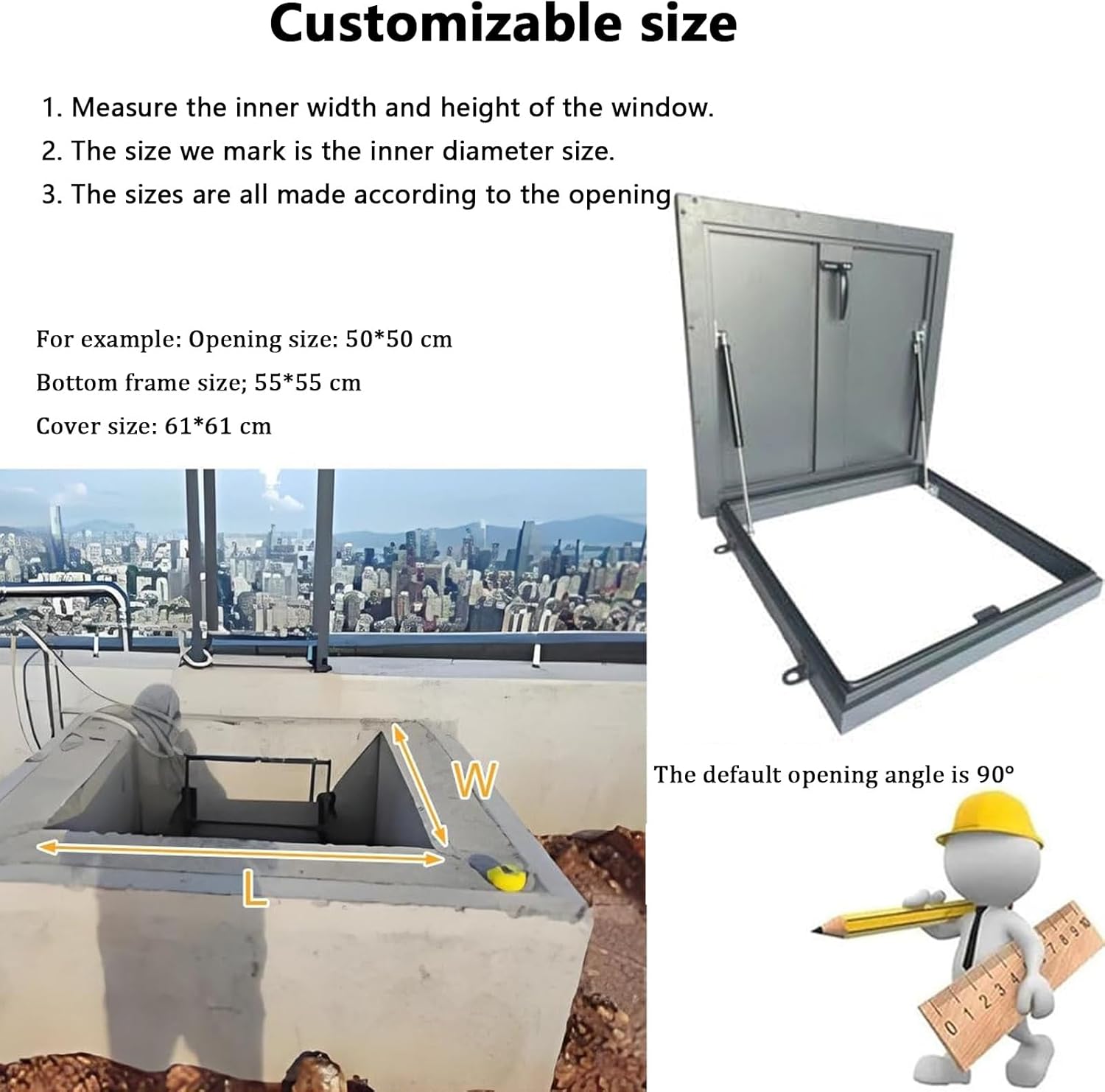 Galvanized Roof Access Hatch, Customized Sealed Rainproof Roof Hatch, Heavy Duty Attic Vent Access Door with Handle, Gas Shocks, House Skylight Lid, for Attic/Basement/Attic(LxW 50x50cm/19.7x19