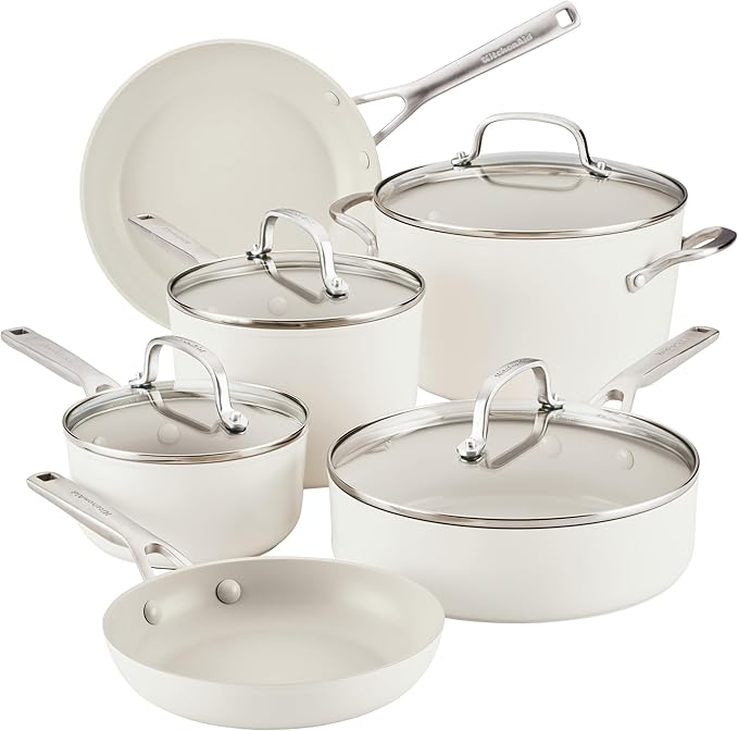 KitchenAid Hard Anodized Ceramic Nonstick Pots and Pans Set with Saucepans, Frying Pans, Stockpot, and Lids, 10 Piece Non Stick Cookware Set with Stainless Steel Handles - Porcelain White