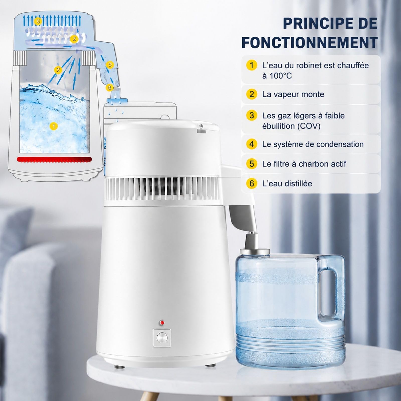 Distillateur d'eau 4 L avec cuve en acier inoxydable 304, puissance 750 W, débit de distillation 1,3 L/h et commande par interrupteur