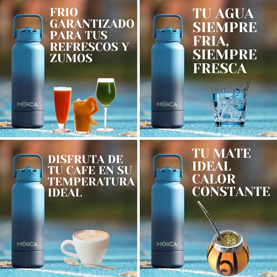 Botella Agua Acero Inoxidable 1 Litro-Base Desenroscable-Termo Café,Té,Mate -Caliente 12hy24h Fría-Botella Gimnasio,Oficina-Kit de Limpieza