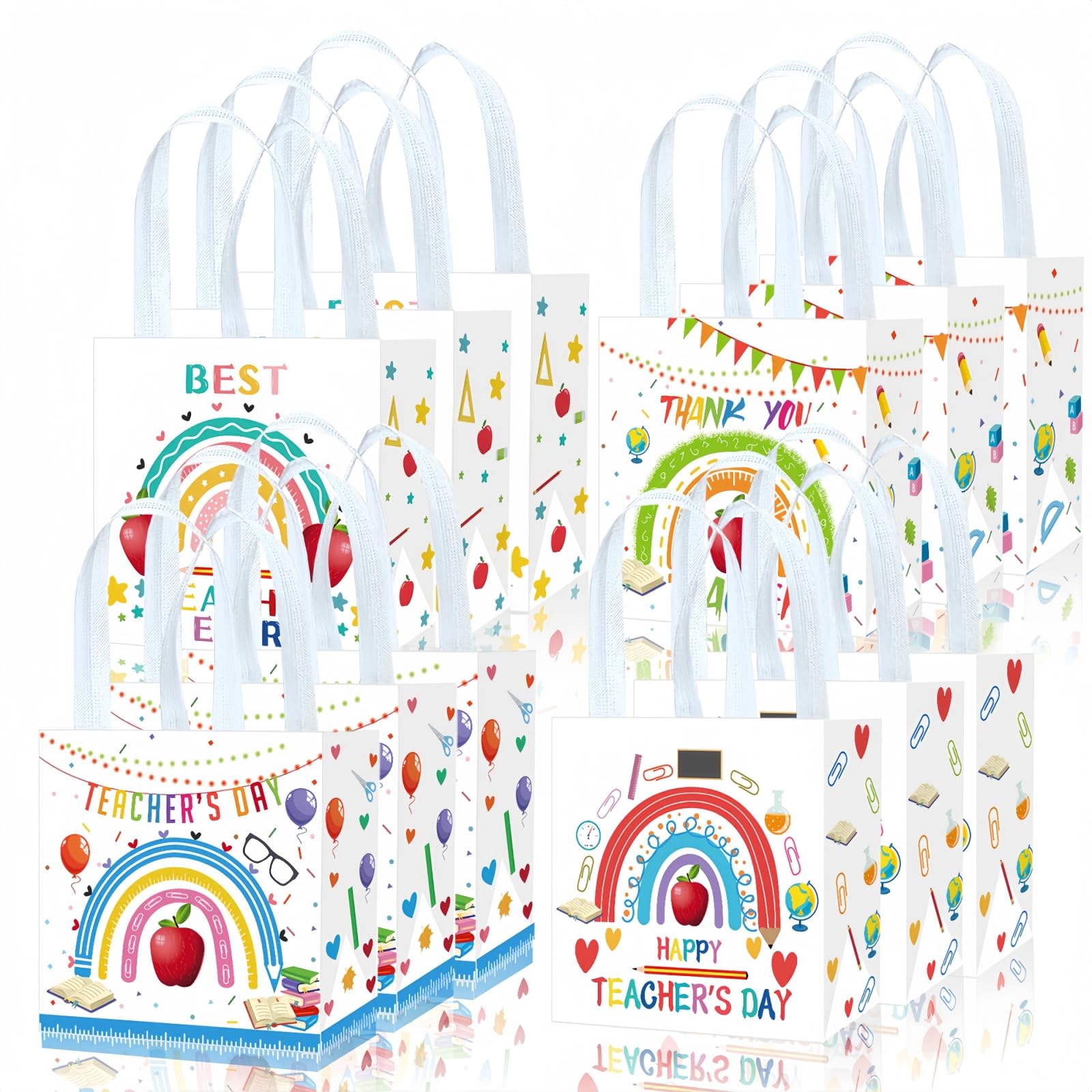 YVAINE 12 Pcs Teacher Appreciation Gift Bags Thank You Teacher Non-Woven Bag Best Teacher Ever Goodie Bags for Teacher Appreciation Party Supplies