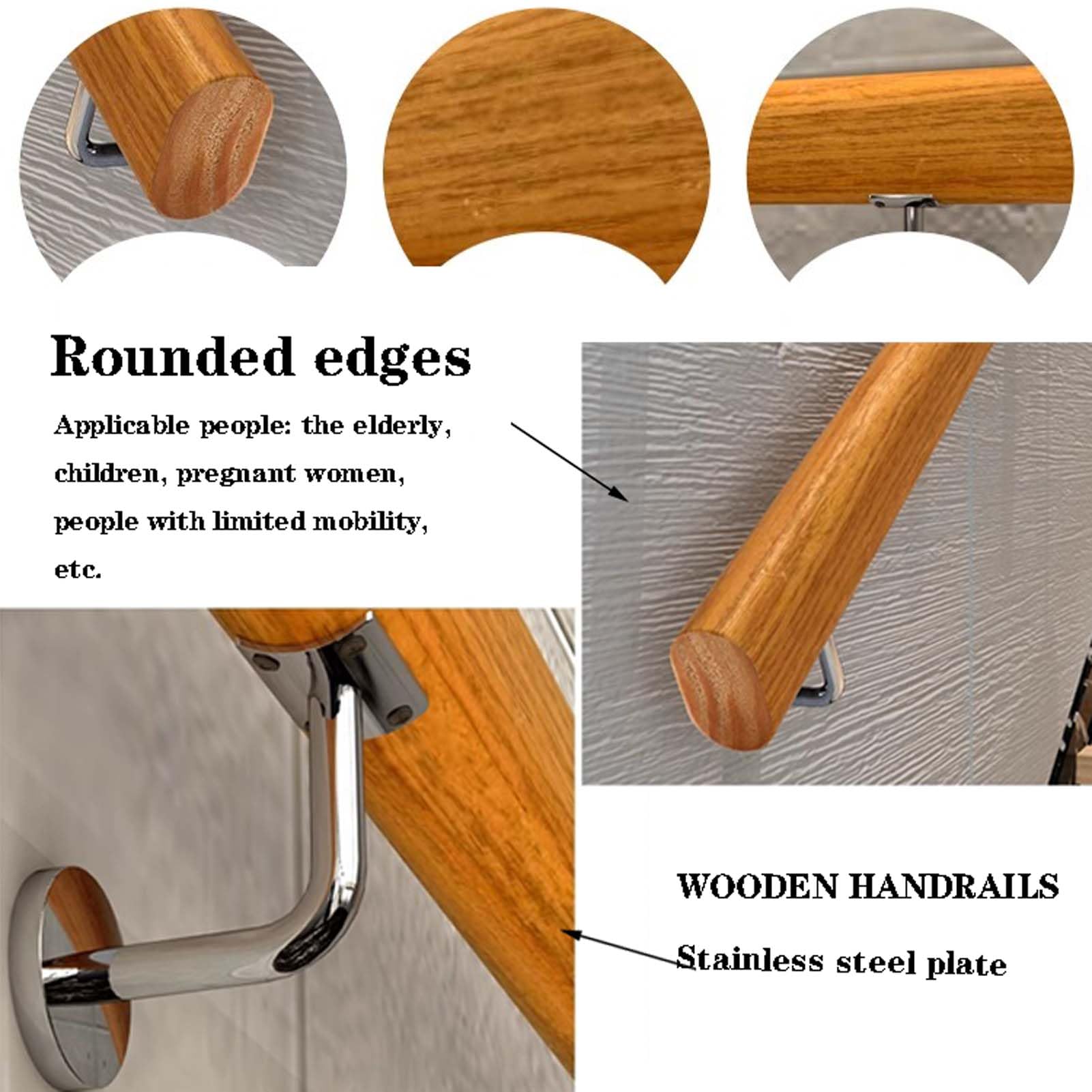 Barra de madera para escaleras con superficie antideslizante y diseño sin barreras, barra de agarre montada en la pared para ancianos interiores (270 cm)
