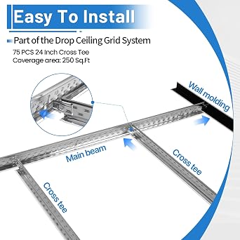 75 PCS 24 Inch Cross Tee Drop Ceiling Grid System, 2 Ft Galvanized Steel Rust & Fire Resistance Easy Installation, Ideal for Basement Living Room Garage Kitchen Bathroom White