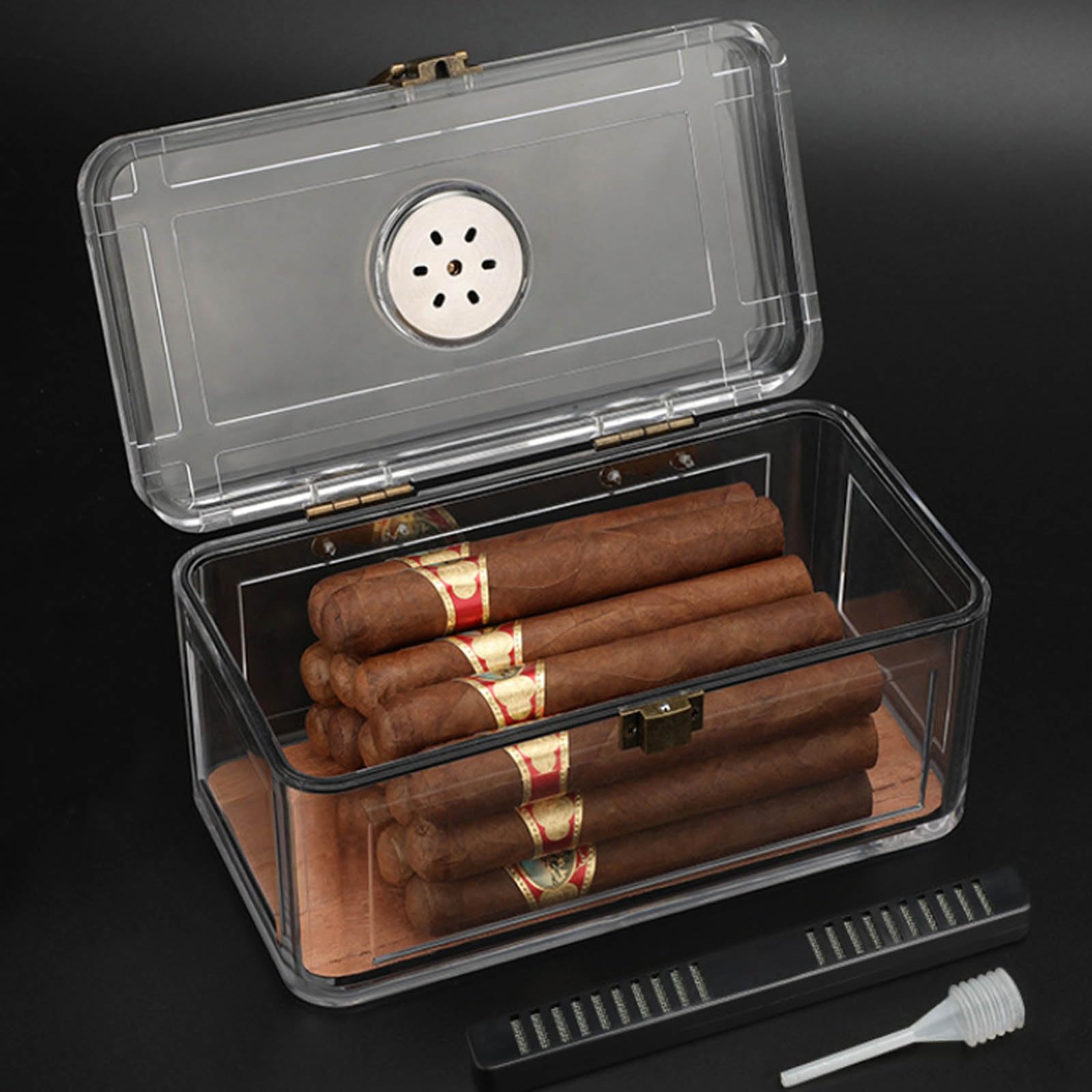 Humidor per Sigari in Acrilico, Scatola da Tavolo per Sigari con Umidificatore e Igrometro Vassoio Portatile in Legno di Cedro Spagnolo A