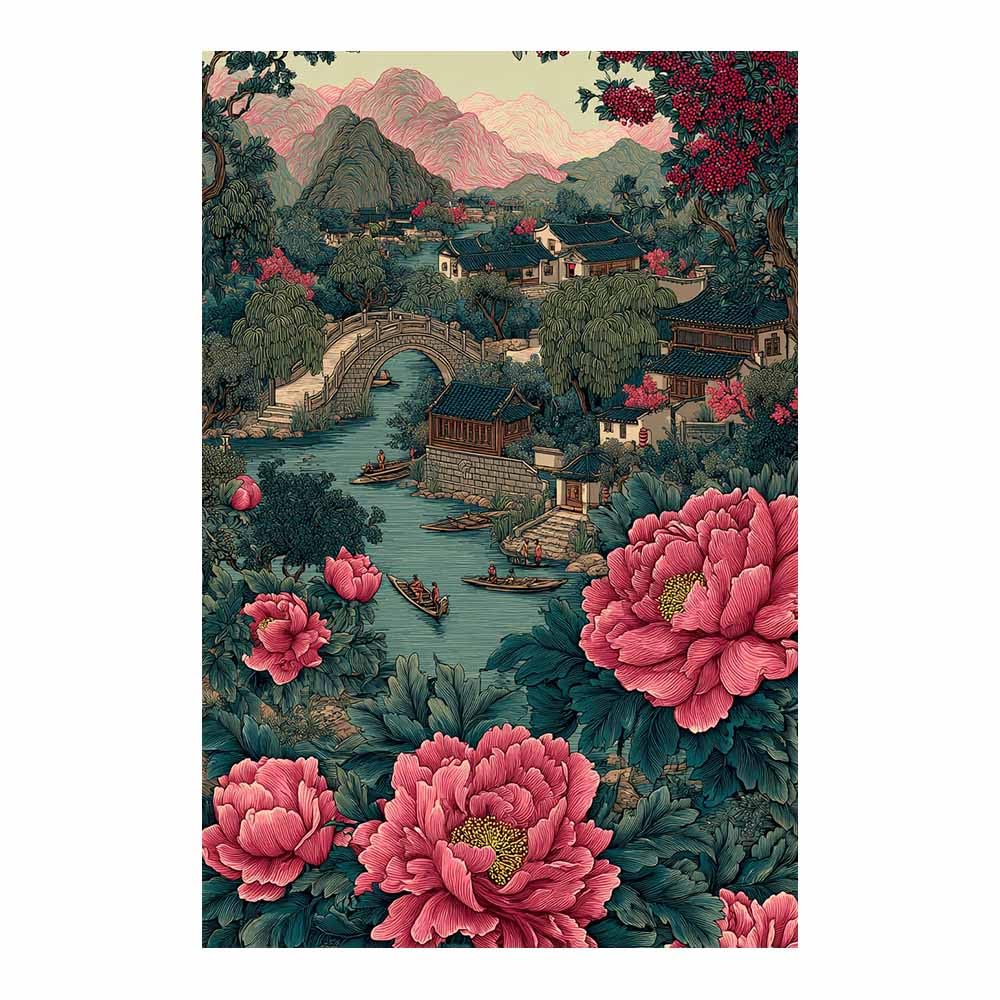 Hoqiu Multicolor Botanical Wall Art Peony Village Print Pictures, Print Canvas Poster Decor For Living Room, Bathroom Canvas Art, For Bedroom Home Decoration.(Multicolor)-80X120cm Unframed