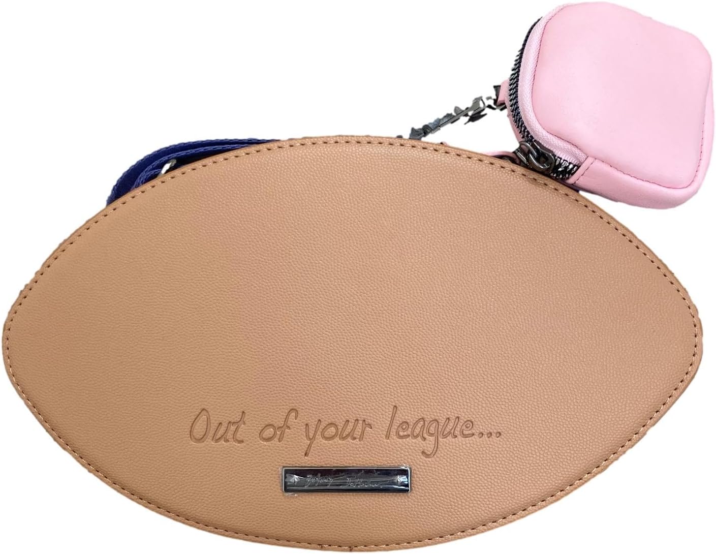 Betsey Johnson Kitsch XO FAN Brown Faux Leather Sports Football White Glitter Star Pink Embroidered Cheerleader Helmet Patches Detail with Removable Pink Zipper Pouch Crossbody Shoulder Bag Handbag