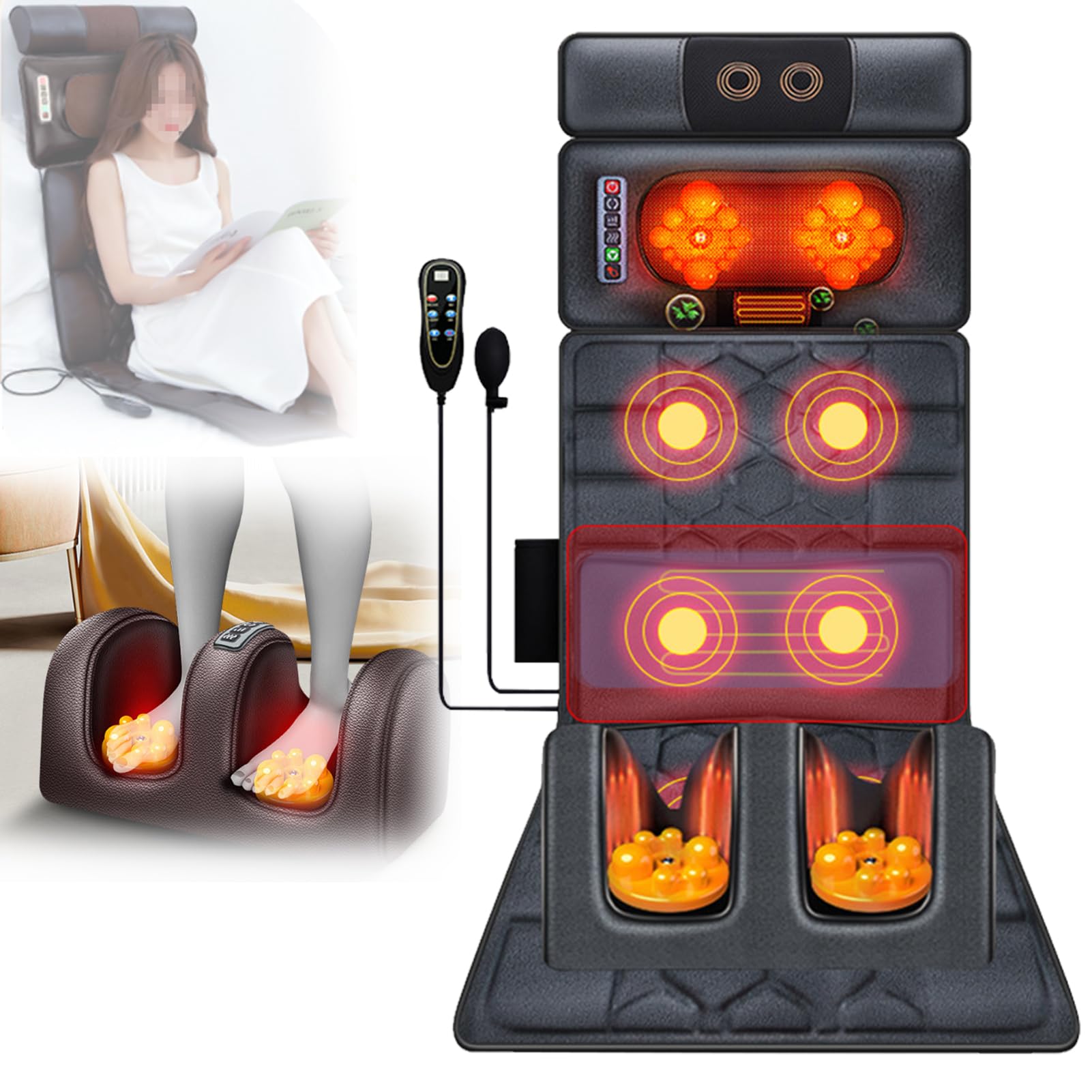 Tappetino per massaggio completo del corpo con calore, 20 testine per massaggio Shiatsu per il collo, massaggiatori per la schiena per alleviare il dolore alla schiena, al collo, alla vita e alle