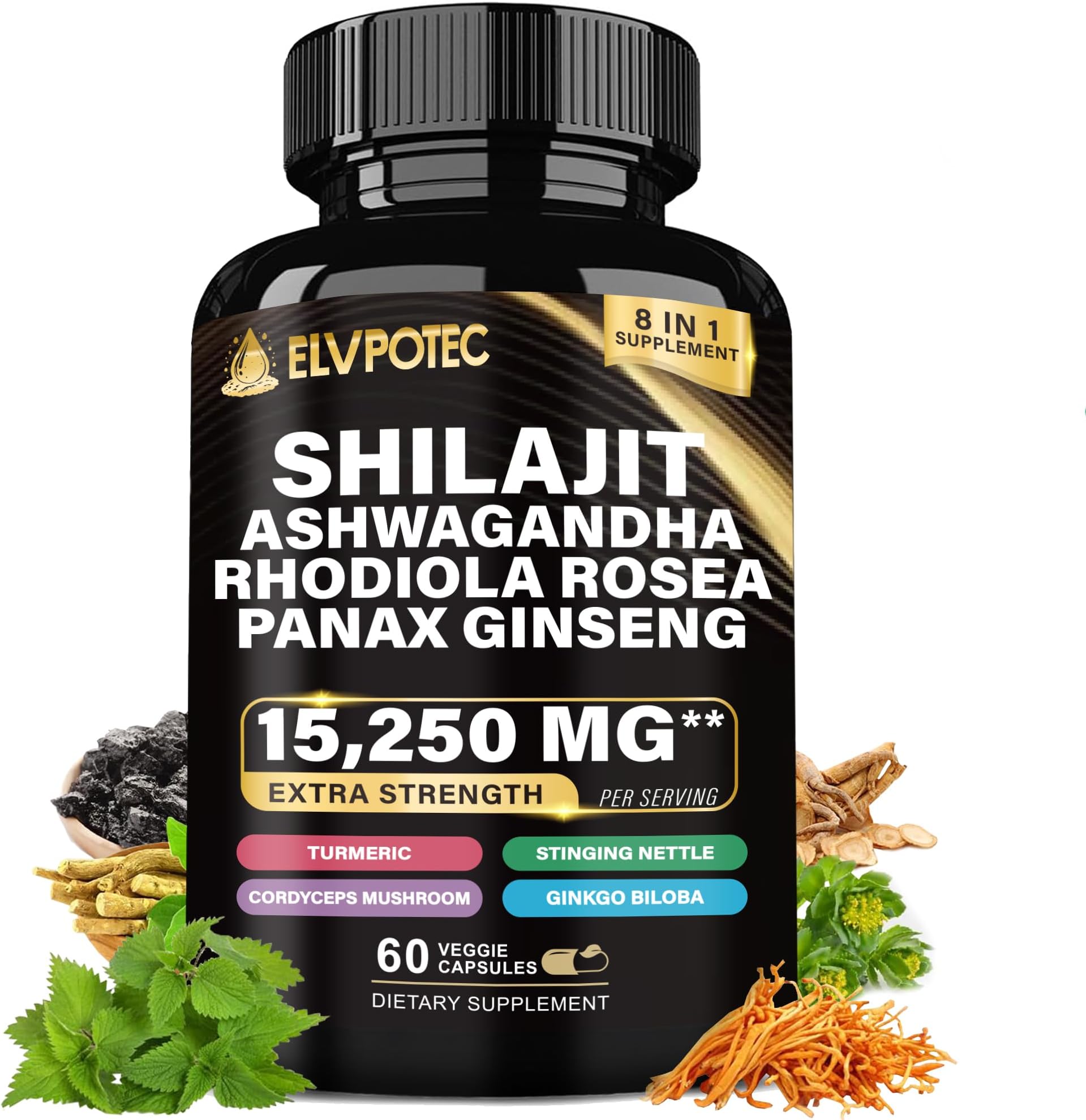 ELVPOTEC 9000MG Shilajit, 2000MG Ashwagandha Energy Booster, 1000MG Rhodiola Rosea, 1500MG Panax Ginseng, 500MG Turmeric, Ginkgo, 250MG Stinging Nettle, 500MG Cordyceps Mushroom