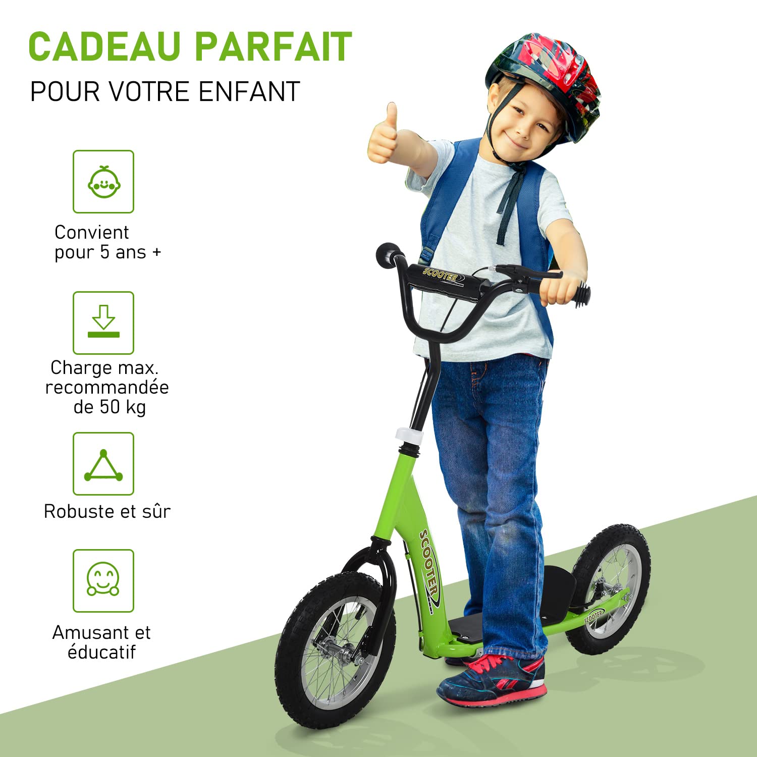 HOMCOM Trottinette patinette Enfants à partir de 5 Ans Grandes Roues Vert | Guidon Réglable, Poignée, Frein et Béquille, Acier
