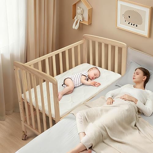 Miniatura 10 de Cuna para bebé Flwrgirl - Cuna de noche portátil de madera de pino con colchón, 3 alturas, mini cuna pequeña, cuna de bebé para recién nacidos,