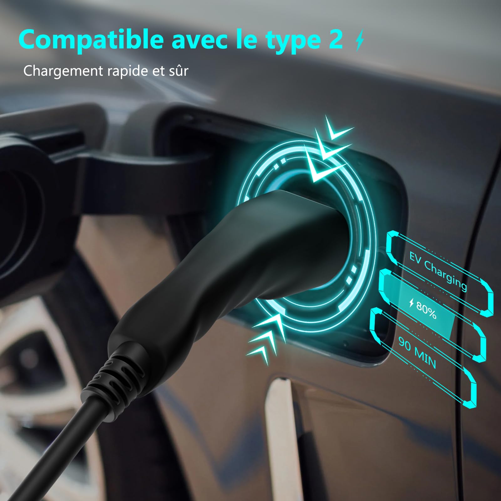 BORENOR Chargeur Voiture Électrique Portable 3.7kW Type 2 – 8/10/13/16A Réglable, Affichage LED, Charge Temporisée, Câble 6m + Sac