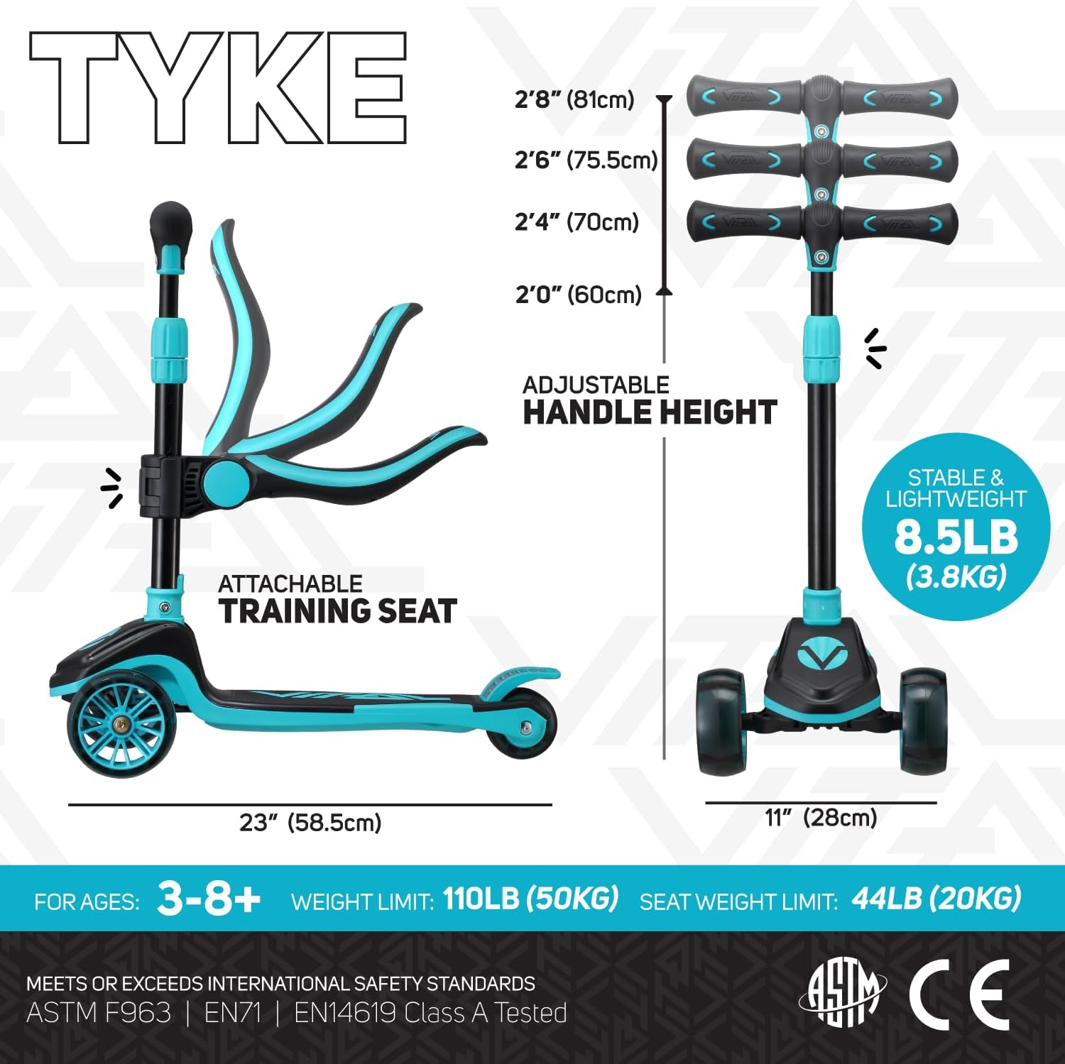 Vital Tyke 3 Wheel Kids Scooter | LED Light-up Wheels, Foldable, Tool-Free Adjustable Handlebar & Removable Seat, for Ages 3-8