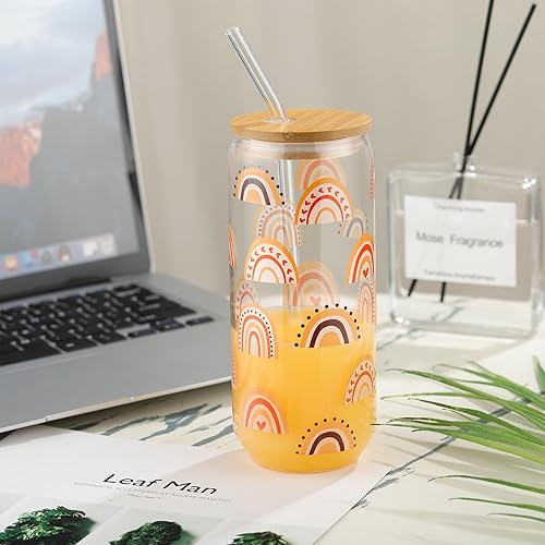 Miniatura 3 de Joeyan Vasos de vidrio de 20 onzas con tapas y pajitas de bambú, vasos bohemios para beber cerveza, lindo vaso de café helado con patrón de arco