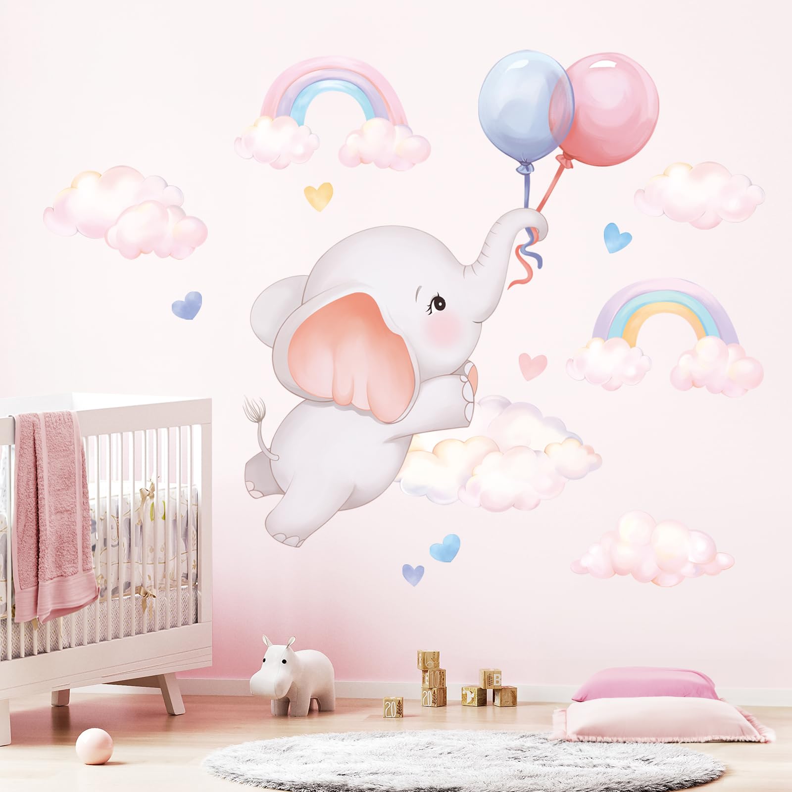 FUFUQUARE Cartoon Pink Elephant Wall Stickers Balloon Rainbows Wall Art Decals Peel and Stick for Kids Girls Nursery Bedroom Playroom Living Room Classroom - Image 2