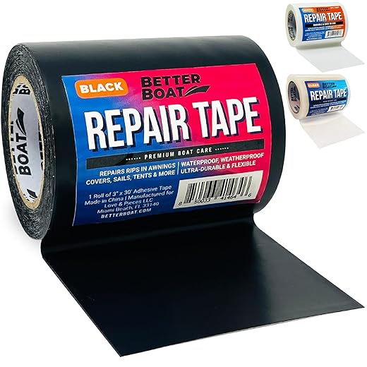 Repair Tape Fabric Repair Boat Covers Canvas Tent Repair Tape Pop Up Camper RV Awning Repair Tape Tarp Canopy Tear & Vinyl Waterproof Bimini Tops Sail Air Mattress Patch Kit 30FTx3 Black Heavy Duty