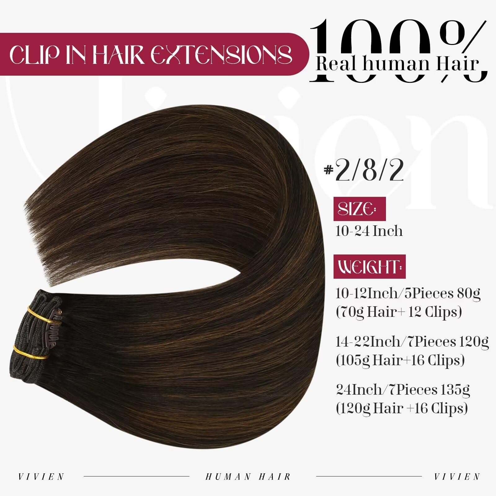 Vivien Brown Clip in Hair Extensions Darkest Brown to Light Brown Balayage Hair Extensions for Women Clip in Hair Extensions Human Hair 22 Inch 120g 7pcs #2/8/2 — view 2
