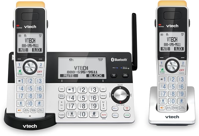 VTech IS8151-2 Teléfono inalámbrico DECT 6.0 de 2 terminales de largo alcance para el hogar con contestador automático, alcance de 2300 pies, bloqueo de llamadas, Bluetooth, conector para auriculares, respaldo de energía, intercomunicador, ampliable a 12 HS