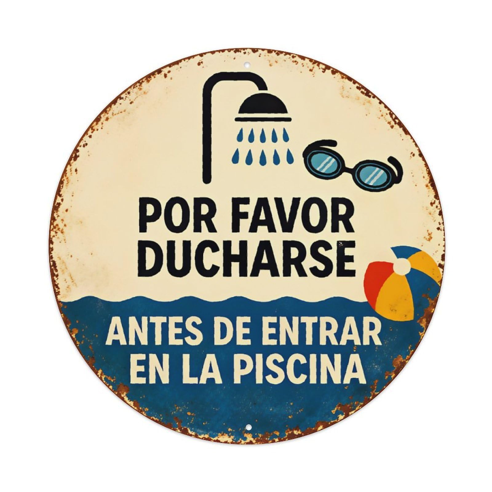 Ldfuieksufg Style Round Spanish Pool Shower Reminder Rustic Wall Sign Swimming Pool Decor Vintage Aluminium Metal Sign, Retro Wall Decor For Home, Bar, Garage & Farmhouse 20X20cm