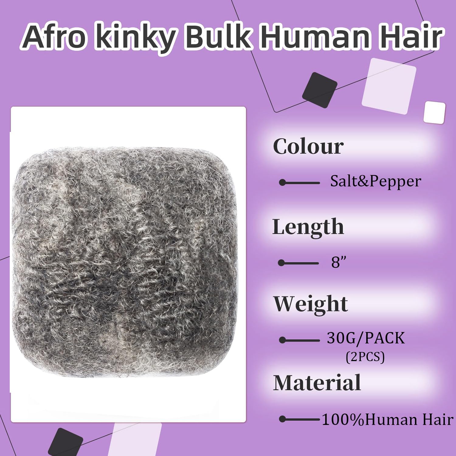 EV&ET 2 Pcs Afro Kinkys Bulk Human Hair for Dreadlocks Extensions Repair Locs, Twist Braiding Afro Kinky Human Hair for Locs Salt&Pepper 8 inch 30g/pack