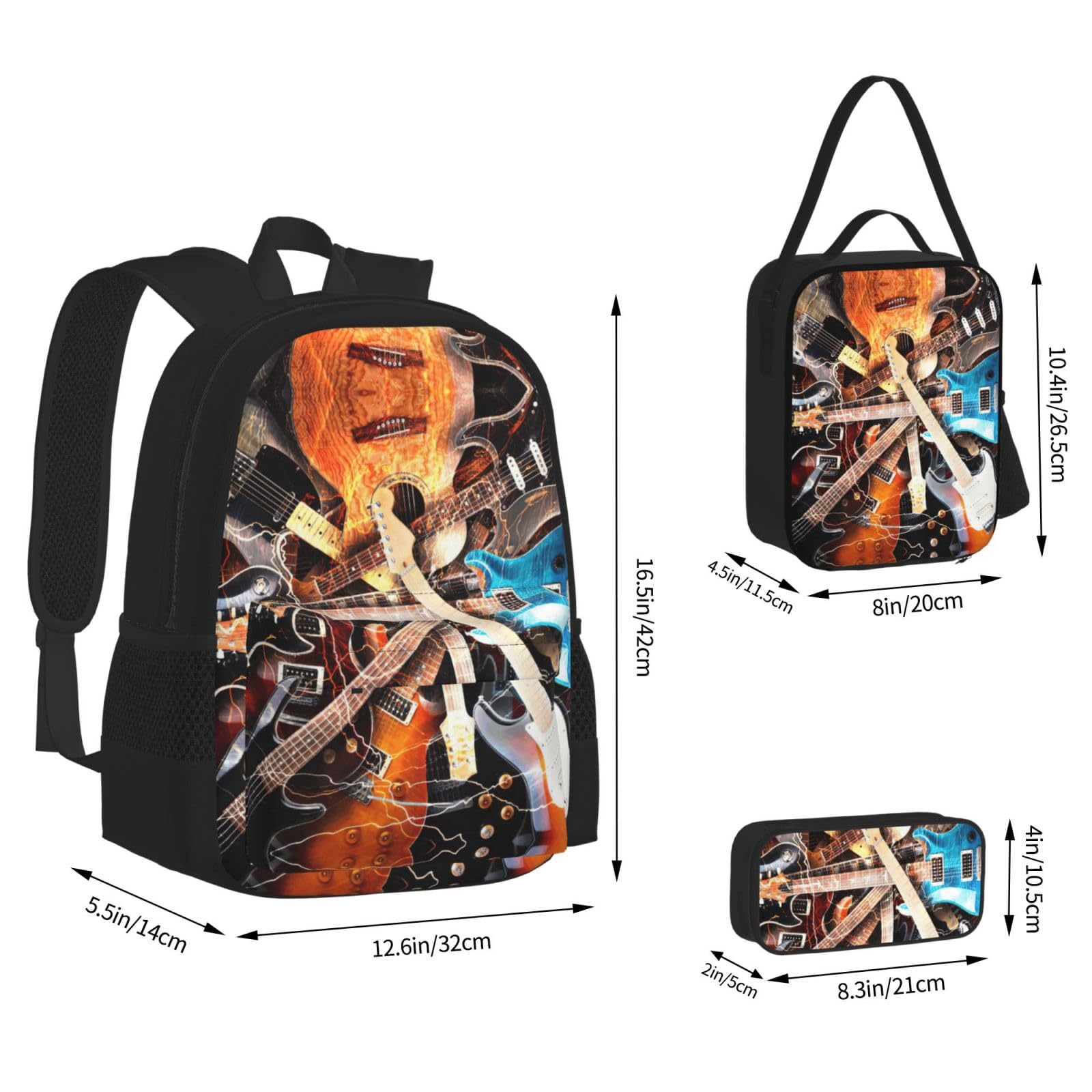Juego de 3 mochilas escolares con estampado de guitarra musical, mochila para laptop resistente al agua de gran capacidad con bolsa de almuerzo aislada y estuche para lápices para adolescentes