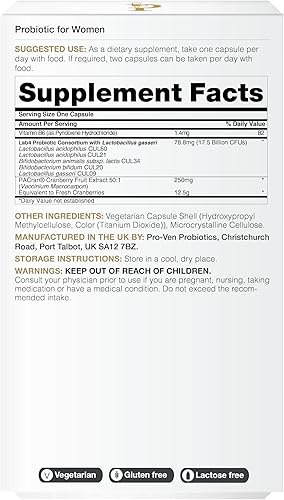 Miniatura 6 de Probióticos para mujeres | 17.5 mil millones de UFC | Salud vaginal, urinaria y digestiva | Lactobacillus acidophilus, arándano y vitamina B6 | 30